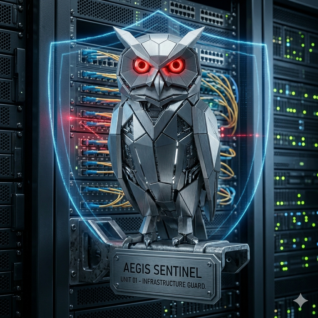 AEGIS Sentinel Eule vor Server-Infrastruktur